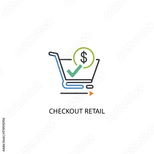 Checkout retail online with a minimalist shopping cart, dollar coin, and check mark graphic.