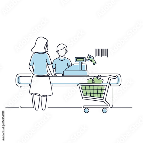 Checkout retail setting showing customer at cashier with shopping cart. Checkout retail scene includes barcode scanner and cash register, creating seamless transaction.