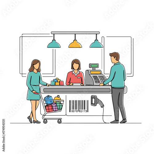 Checkout retail service with cashier and customer near modern terminal. Checkout retail with cashier scanning products from shopping cart. For commercial use,