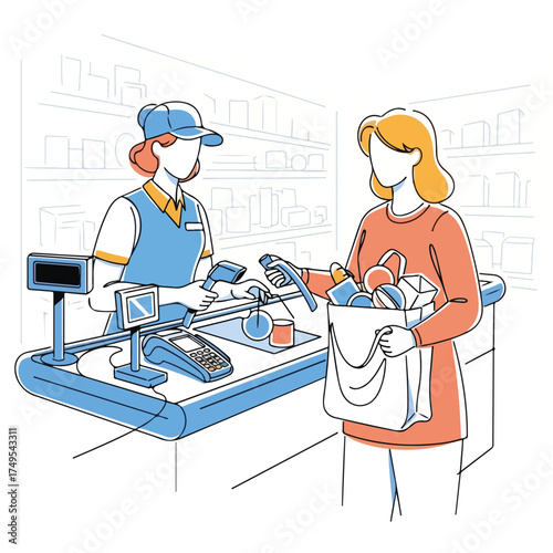 Checkout retail scene showing cashier scanning groceries for customer, in detailed line art. Checkout retail transaction includes scanning items for final purchase.