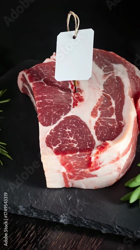 Raw marbled pork cut on black slate with gentle camera motion and soft studio light reflections, fresh uncooked meat with rosemary sprig, professional culinary video concept for food advertising