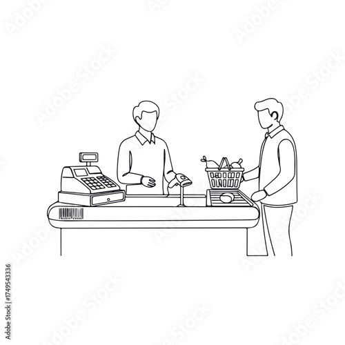 Checkout retail transaction with customer paying at cashier desk with basket of products. Checkout retail area includes scale, cash register, and display.