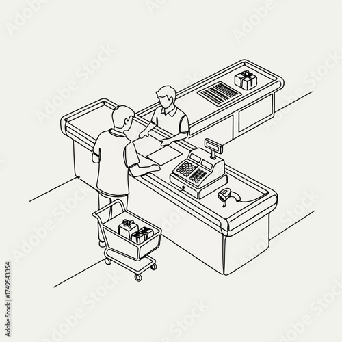 Isometric checkout retail scene with customer and cashier. At checkout retail, purchase is being made with a cart of gifts. Minimalist checkout retail illustration perfect for store ads,