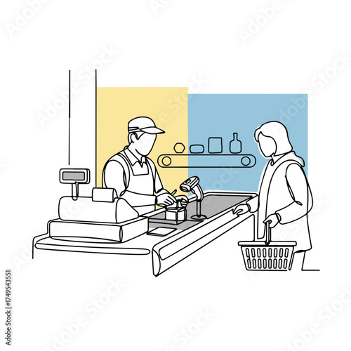 Checkout retail illustrated with cashier and customer at checkout retail counter, buying groceries. Checkout retail includes process of purchasing, scanning items, and completing transaction,
