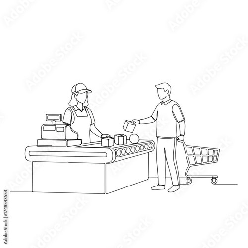 Checkout retail process depicted with cashier and customer in minimalist line art style, showcasing shopping scene. Checkout retail includes products on conveyor belt and customer with shopping cart,