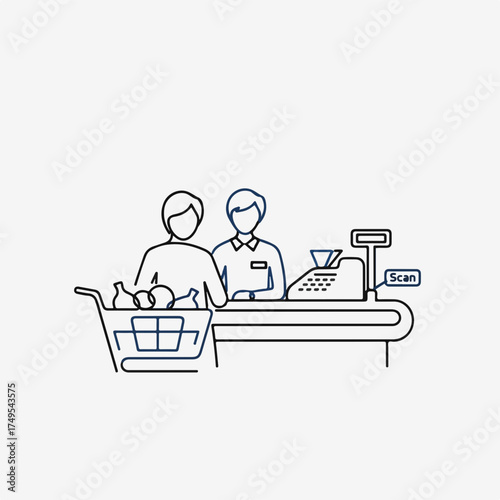 Checkout retail scene showing cashier serving customer near checkout. Checkout retail includes grocery trolley, fruit and bottle, cash register at service point.