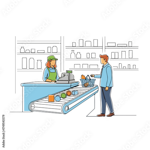 Checkout retail process illustrated with customer at till paying for groceries. Checkout retail involves scanning items with clerk and paying at till. For checkout retail or small business promotion,