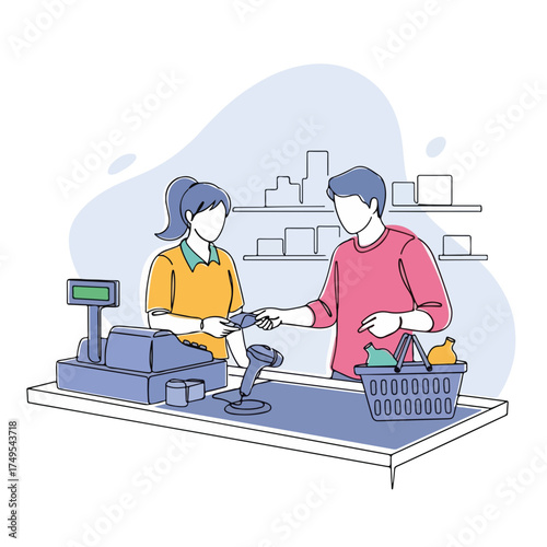 Checkout retail scene showing customer paying at the cashier with credit card. Checkout retail includes cashier desk, barcode scanner, cash register with display, and basket full of grocery.