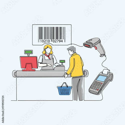 Depiction of checkout retail experience with customer buying goods. Checkout retail includes cashier assisting client at the counter with scanner and terminal.