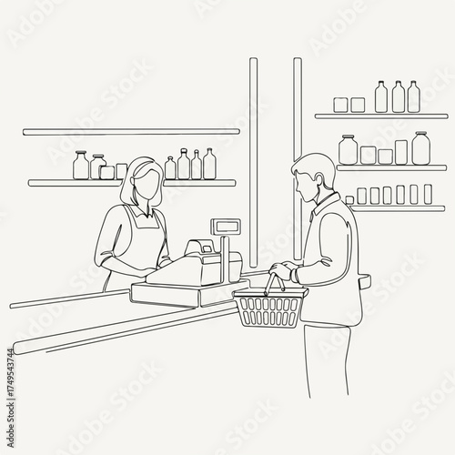 Checkout retail scene featuring cashier and customer with basket in simple outline drawing. At checkout retail, customer stands holding shopping basket while cashier waits by register at counter.