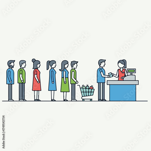 Long line at checkout retail counter with customers and cashier. Checkout retail includes a line of people waiting to pay, shopping cart with goods, and payment transaction in progress.