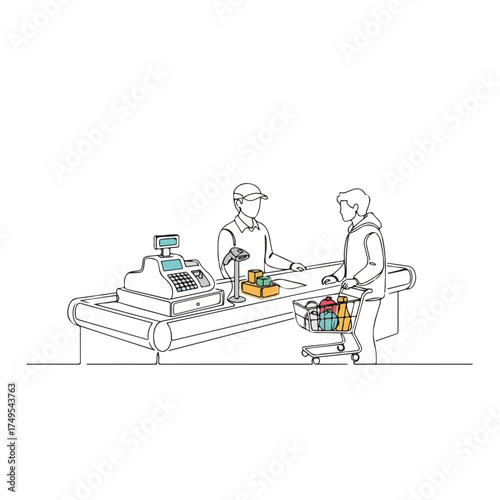 Checkout retail scene with one-line drawing of cashier serving customer with shopping cart. This checkout retail setup features a minimalist design conveying simplicity and efficiency.