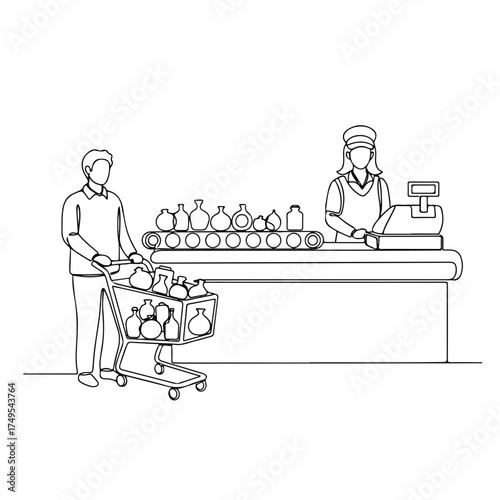 Man with shopping cart approaches checkout retail counter, placing items on conveyor belt for scanning. Checkout retail scene features cashier ready to process order with cash register.