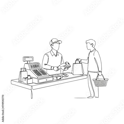 Checkout retail scene with cashier and customer at counter completing purchase. Checkout retail process involves scanning items and bagging purchases for consumer.