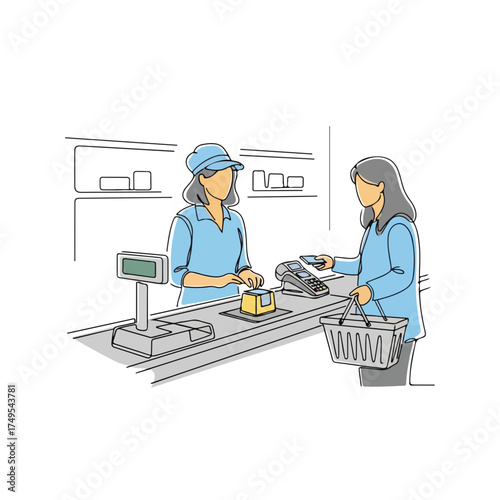Checkout retail scene displaying woman at checkout with card and basket, ready to pay. Checkout retail area includes clerk behind counter with cash register, creating classic consumerism composition.