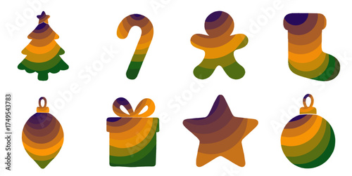 whimsical christmas icons with layered color gradients, a festive and playful design