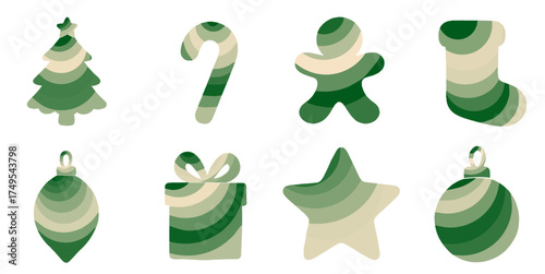 a set of green and beige christmas themed shapes featuring a tree, candy cane, gingerbread man, stocking, ornament, gift, and star