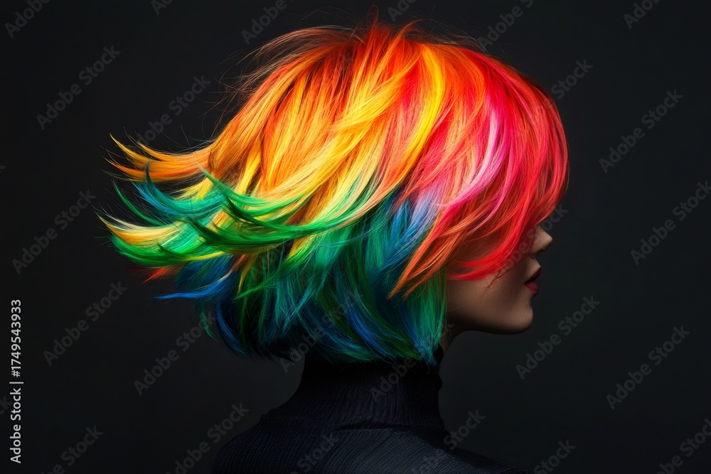 Naklejka premium Woman's head featuring a modern layered bob haircut with striking vibrant rainbow colors, symbolizing self expression and creativity