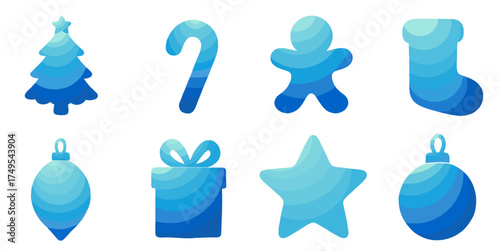 christmas and holiday themed icons in shades of blue
