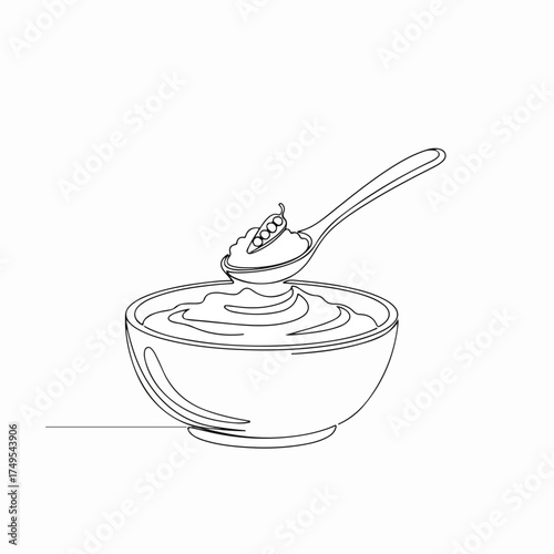 Simple line art illustration with baby food in bowl and spoon, perfect for baby items or a nursery. Food depicted in minimalist style, this baby food is ideal for infancy nutrition.