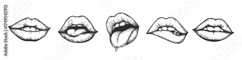 Hand drawn sketch style lips set. Sexy romantic woman kiss. Female mouth, teeth, tongue collection. Best for tattoo and retro designs. Vector illustrations.