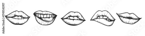 Hand drawn sketch style lips set. Sexy romantic woman kiss. Female mouth, teeth, tongue collection. Best for tattoo and retro designs. Vector illustrations.
