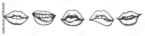 Hand drawn sketch style lips set. Sexy romantic woman kiss. Female mouth, teeth, tongue collection. Best for tattoo and retro designs. Vector illustrations.