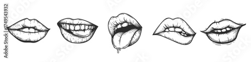 Hand drawn sketch style lips set. Sexy romantic woman kiss. Female mouth, teeth, tongue collection. Best for tattoo and retro designs. Vector illustrations.