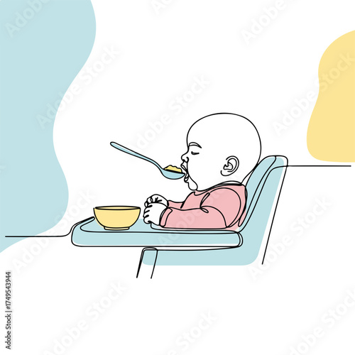 Single line drawing infant eating food with spoon and bowl. Minimalist single line drawing of baby enjoying mealtime feeding, including bib, pacifier, and baby bottle, suitable for advertisement.