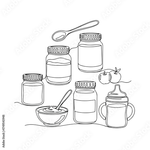 Baby shower drawing with baby items in one line style, minimalist newborn illustration showing feeding equipment. Baby shower artwork includes bottle, apple, spoon and bowl.