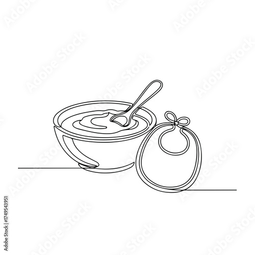 Linear baby items illustration of bowl and bib in single line style on white background. Linear illustration, minimalist design of baby items includes apple puree and baby bib,