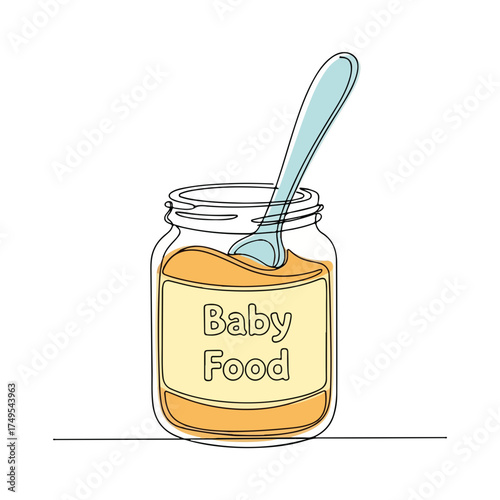 Minimalist baby shower drawing of baby items including baby food jar, spoon and feeding accessories. Baby shower sketch in simple line art features newborn essentials for infants.