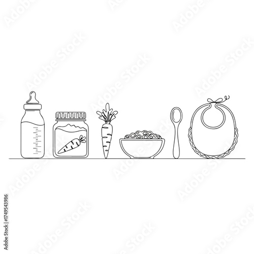 Baby items outline as a simple drawing for nursery decoration. Baby items collection includes bottle, pacifier, bib, spoon, and bowl in line art, an artistic expression for newborn.