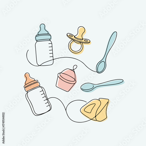 Baby shower items illustration with outline, simple line art of bottle and baby pacifier. Baby shower preparation includes cute bib and feeding spoon.