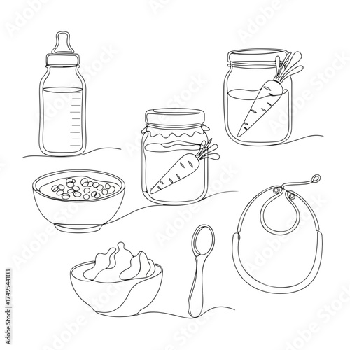 Baby items in single line art style, including baby items such as a bottle, bib, and spoon. Modern linear drawing art features baby items for a newborn, showcasing simple outline artwork.