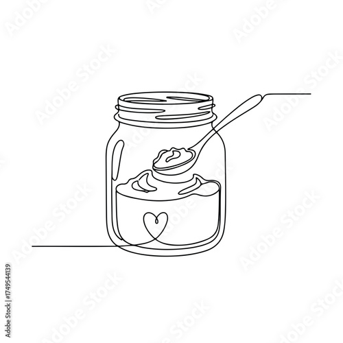 Line art illustration of baby items for baby shower, including food jar, bib, spoon and pacifier. Minimalist baby shower illustration with a single line drawing of baby bottle, bowl, and apple,