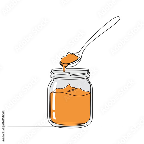 Simple drawing style illustration of baby food with spoon and glass jar for newborn. Simple line art drawing style feeding with apple sauce provides essential nutrition.