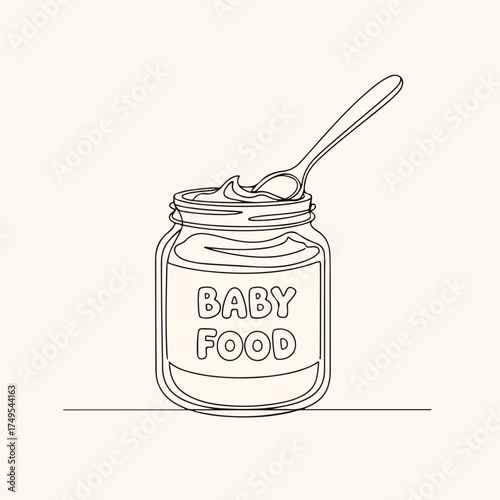 Simple baby food drawing with spoon and filled bowl in outline. Showing baby food artwork in linear style. Single line baby food drawing ideal for nursery decor or baby shower invitation,