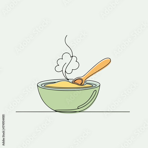 Simple baby illustration of feeding bowl with spoon, a cute minimalistic line art. Simple baby illustration includes feeding nutrition, with an apple and bottle nearby.