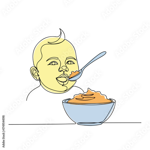 Single line drawing of baby with spoon and bowl for childhood design, emphasizing innocence. Single line drawing highlights feeding a newborn, rendered in minimalist drawing style for artistic effect.