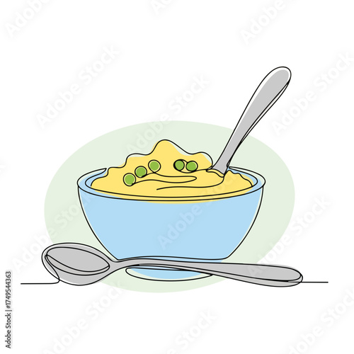 Baby items illustration with spoon and bowl for pureed food, simple baby items drawing in single line. Cute baby items line art includes apple and dummy design,