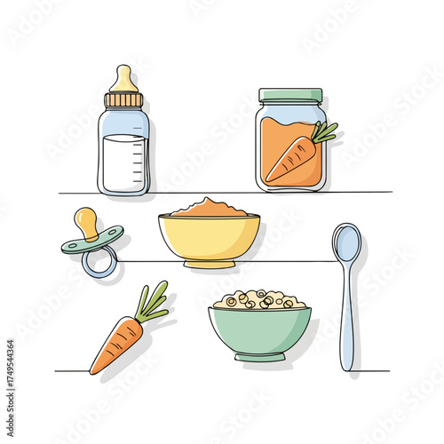 Baby items with bottle, pacifier, and bowl for infant nutrition, baby items include spoon, bib, and fresh apple. These baby items are part of drawing style illustration,