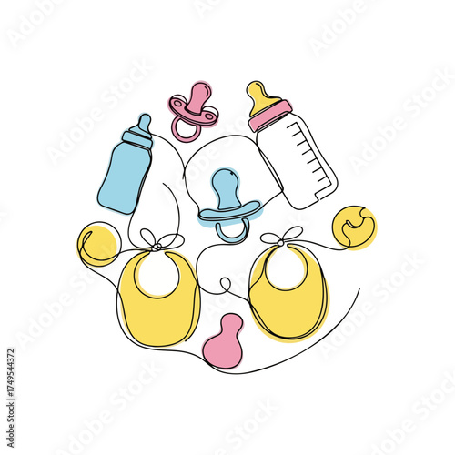 Minimalist baby items drawing with infant bottle, pacifier and bib in single line art. This minimalist drawing of baby items features linear elements for newborn feeding and baby shower decor.