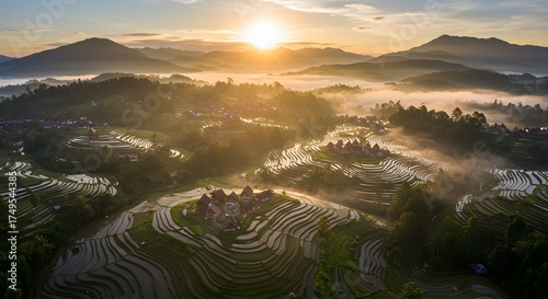 Aerial view of rice terraces in a mountainous region at sunrise, with mist filling the valleys.
