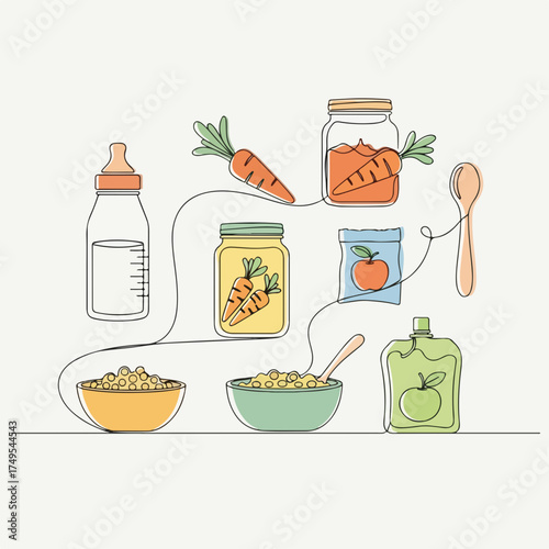 Contemporary baby food illustration features carrots, cereals, and fruit puree in jars and pouches, demonstrating diverse options for introducing nutrition.