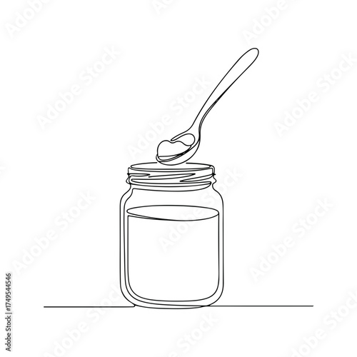 Simple syrup drawing shows jar and spoon with some syrup, minimalist line art. Simple syrup recipe needs few ingredients. Modern simple syrup illustration for cooking guides, food blogs,