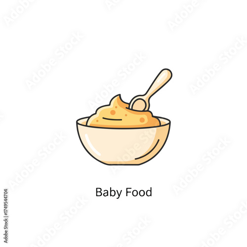 Tasty baby food in bowl with small spoon for feeding, baby food. Delicious pureed food for infants and toddlers is important early nutrition. Enjoy fresh baby food for health and growth of baby.