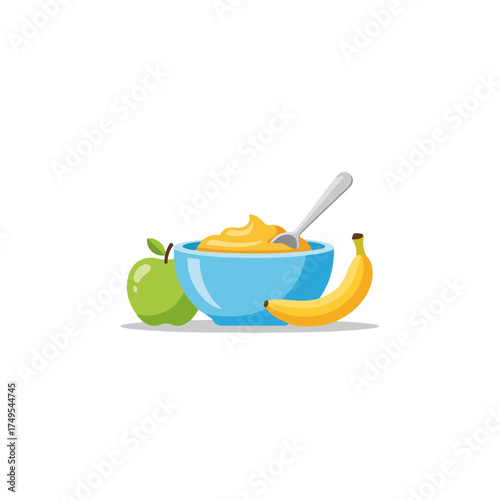 Illustration of Baby food in bowl with spoon and fruit. Baby food preparation includes fresh banana and green apple near kids porridge bowl. Nutritious Baby food can be used in kids food blog.
