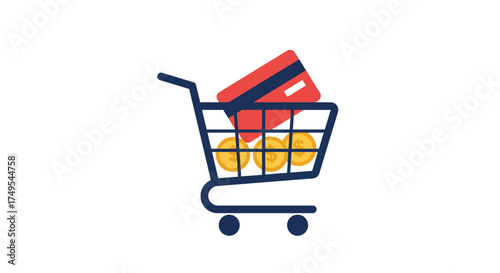 A shopping cart filled with coins and a credit card, symbolizing online shopping and payment.