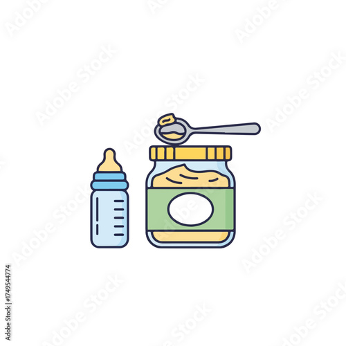 Isolated baby food jar and bottle for kids. Baby food in container with spoon represents nourishment for infants. Baby food is necessary for toddler feeding.